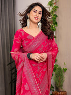 Rani Pink Fendi Satin Leafy Floral Block & Foil Printed Saree with Ornamental Border, Tassel Edges & Attached Blouse
