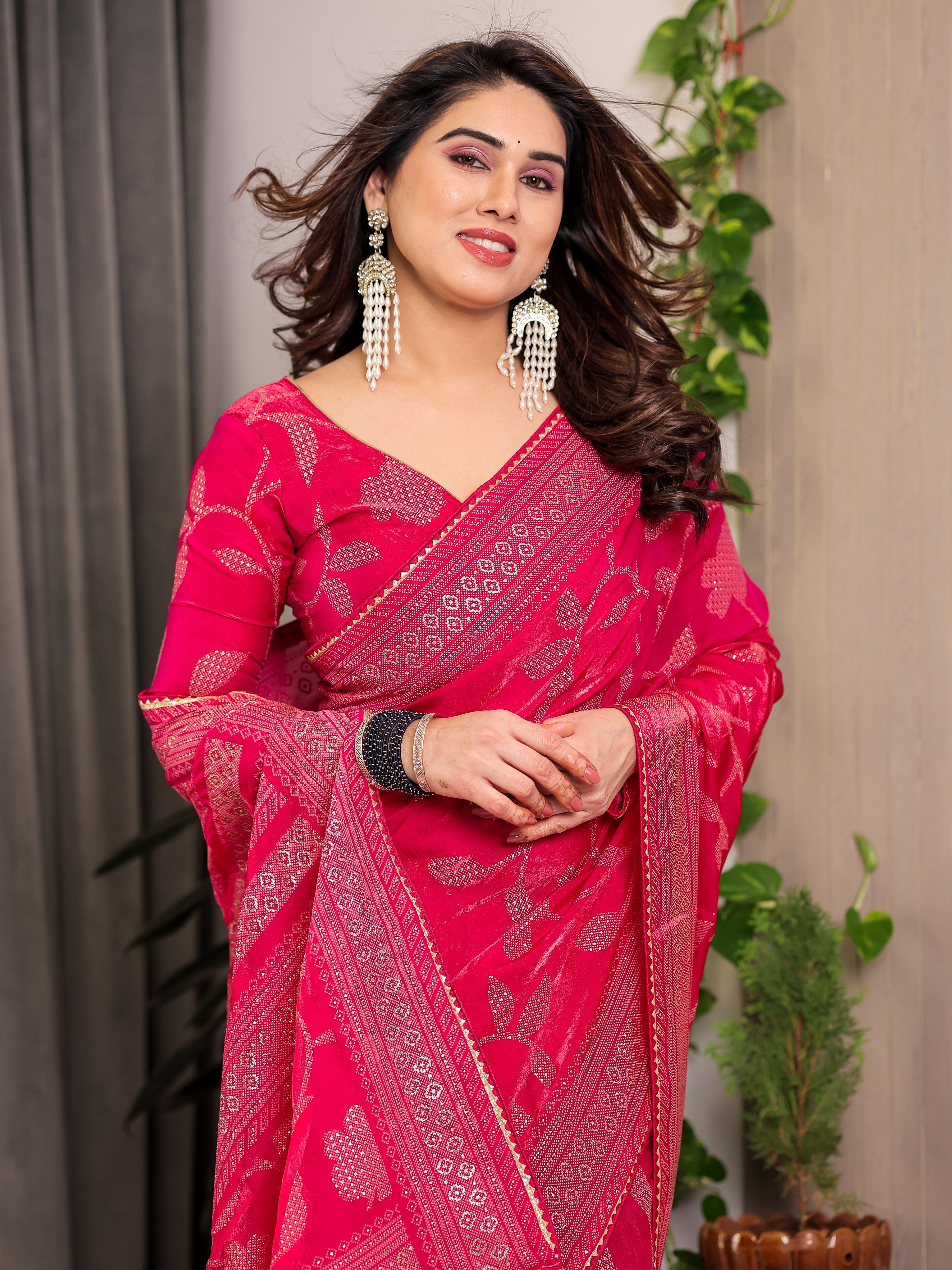 Rani Pink Fendi Satin Leafy Floral Block & Foil Printed Saree with Ornamental Border, Tassel Edges & Attached Blouse