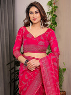Rani Pink Fendi Satin Leafy Floral Block & Foil Printed Saree with Ornamental Border, Tassel Edges & Attached Blouse