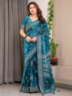 Teal Blue Fendi Satin Leafy Floral Block & Foil Printed Saree with Ornamental Border, Tassel Edges & Attached Blouse
