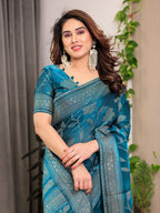 Teal Blue Fendi Satin Leafy Floral Block & Foil Printed Saree with Ornamental Border, Tassel Edges & Attached Blouse
