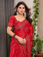 Crimson Red Fendi Satin Leafy Floral Block & Foil Printed Saree with Ornamental Border, Tassel Edges & Attached Blouse