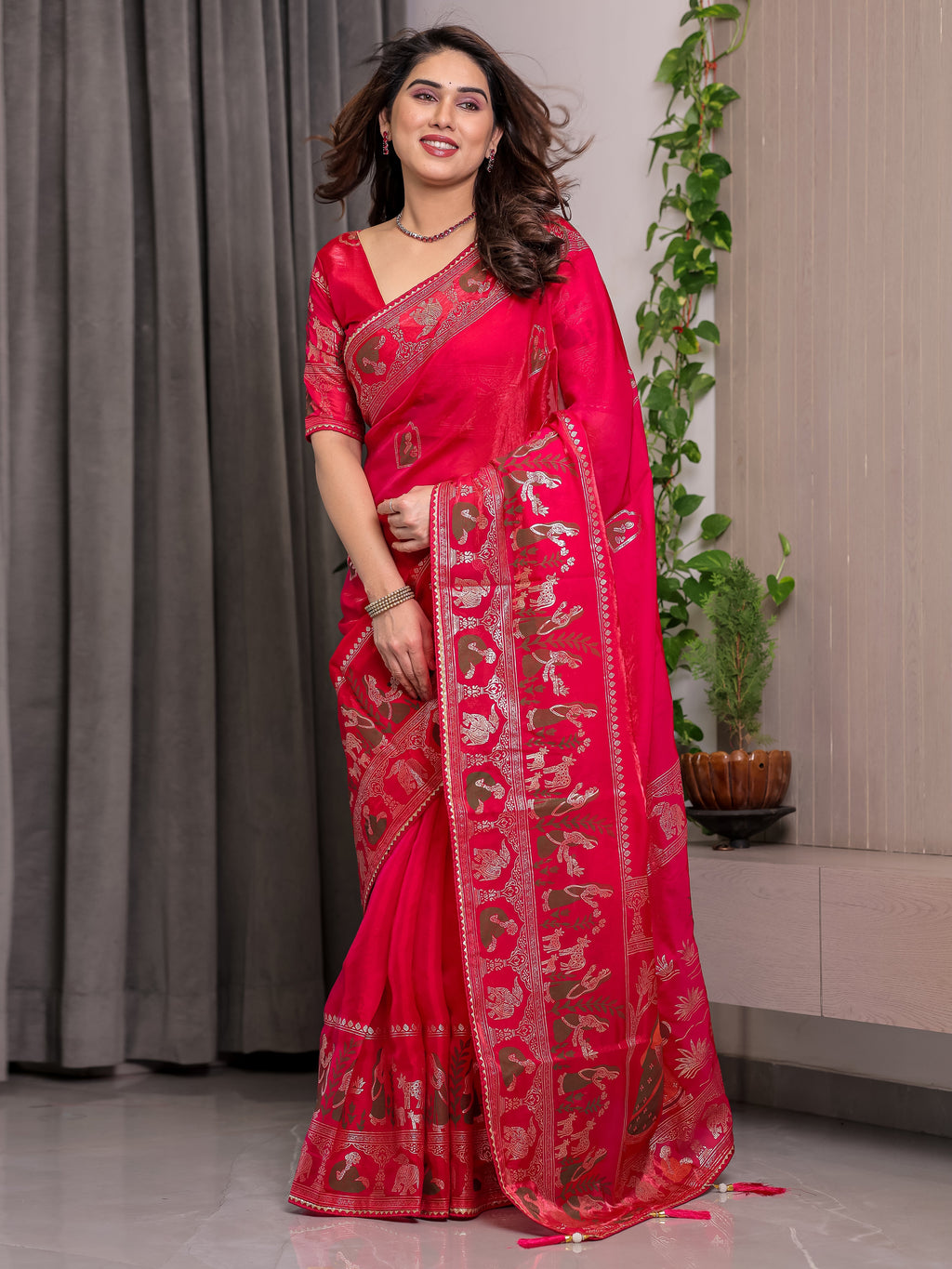 Royal Rani Pink Fendi Satin Peacock & Floral Block and Foil Printed Saree with Traditional Border, Tassel Edges & Attached Blouse