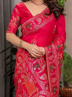 Royal Rani Pink Fendi Satin Peacock & Floral Block and Foil Printed Saree with Traditional Border, Tassel Edges & Attached Blouse