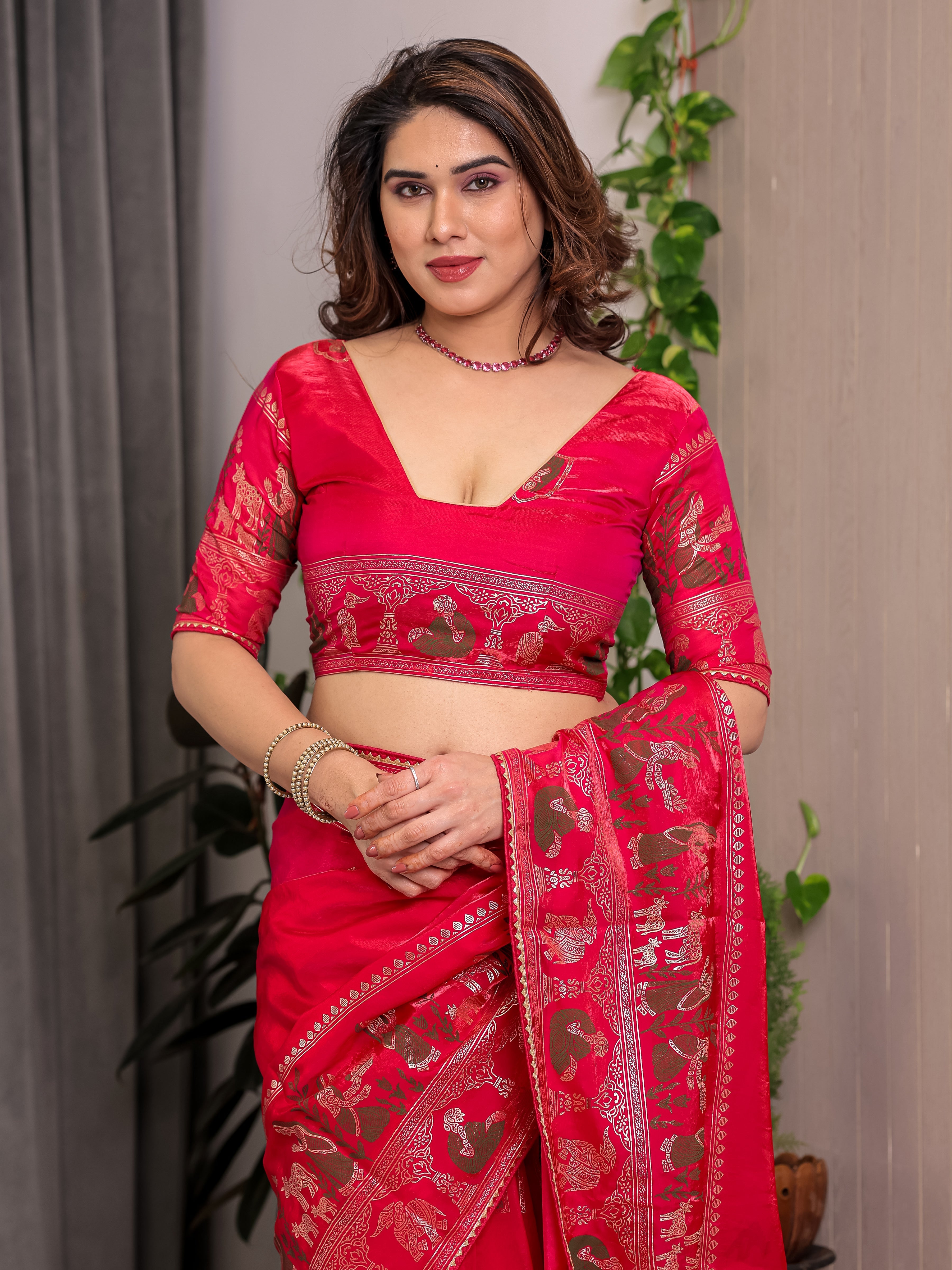 Royal Rani Pink Fendi Satin Peacock & Floral Block and Foil Printed Saree with Traditional Border, Tassel Edges & Attached Blouse