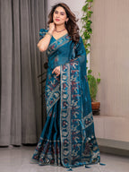 Peacock Teal Blue Fendi Satin Peacock & Floral Block and Foil Printed Saree with Traditional Border, Tassel Edges & Attached Blouse