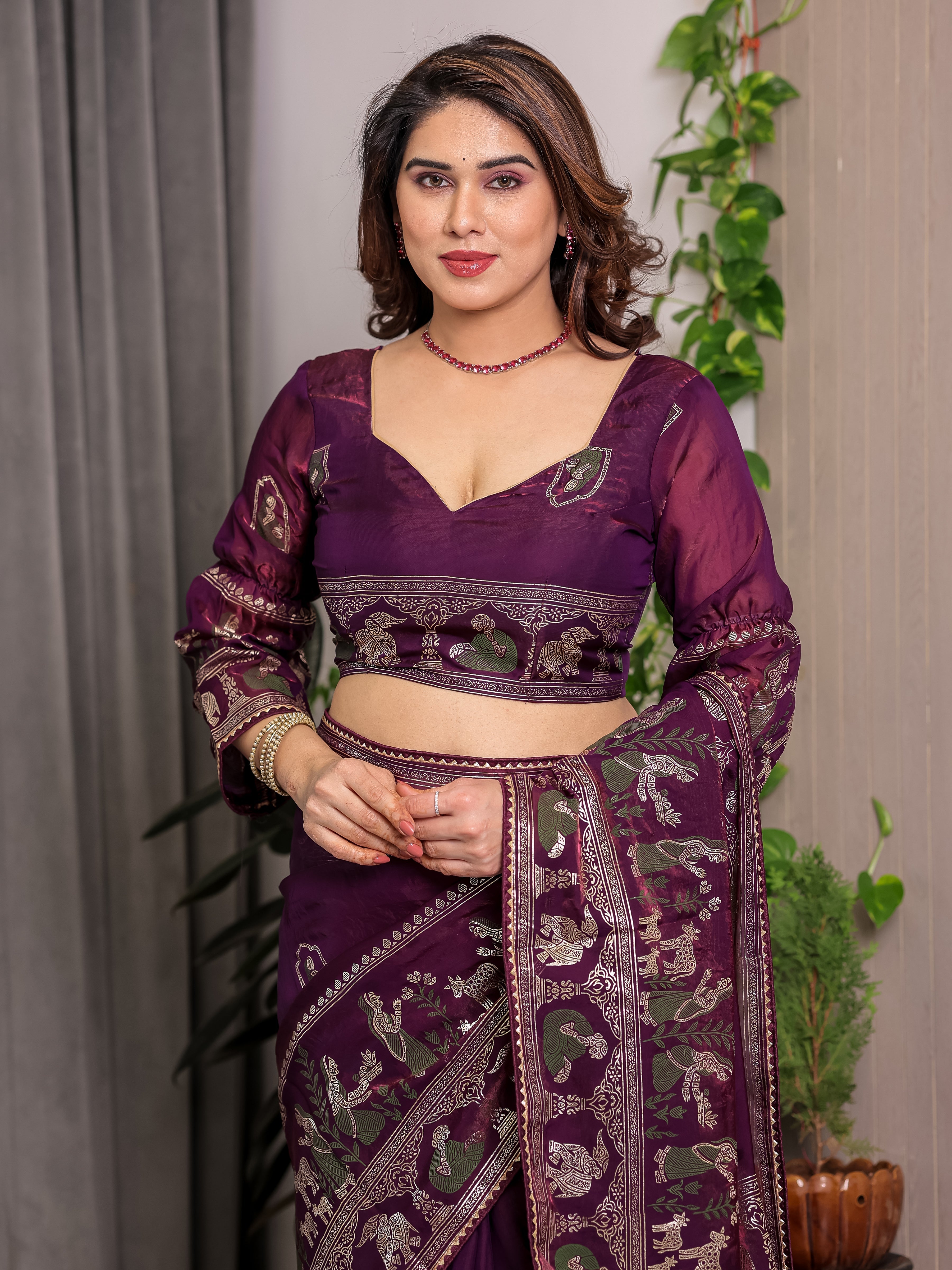 Royal Wine Purple Fendi Satin Peacock & Floral Block and Foil Printed Saree with Traditional Border, Tassel Edges & Attached Blouse