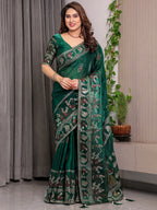 Emerald Green Fendi Satin Peacock & Heritage Motif Block and Foil Printed Saree with Traditional Border, Tassel Edges & Attached Blouse