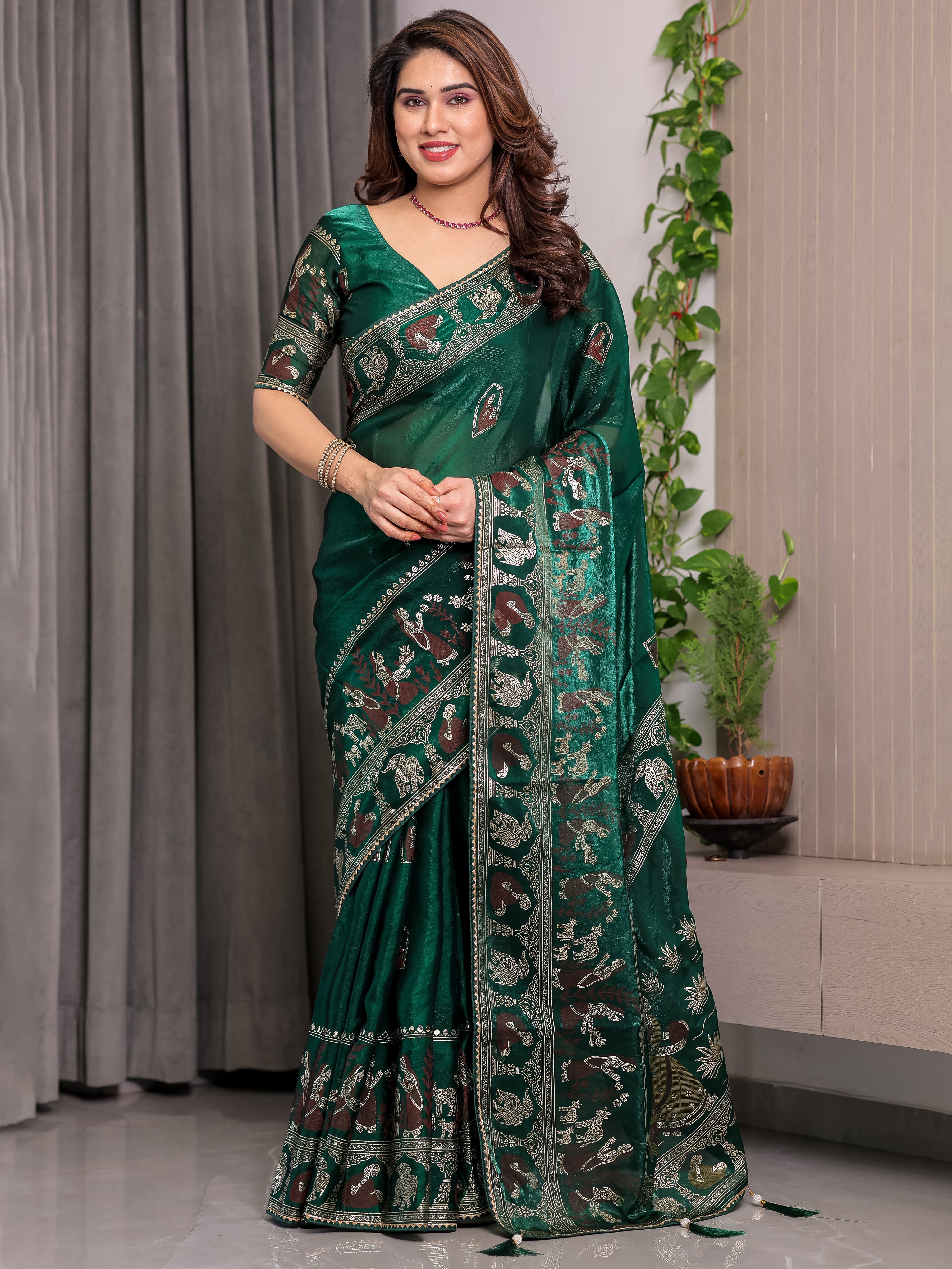 Emerald Green Fendi Satin Peacock & Heritage Motif Block and Foil Printed Saree with Traditional Border, Tassel Edges & Attached Blouse