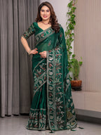 Emerald Green Fendi Satin Peacock & Heritage Motif Block and Foil Printed Saree with Traditional Border, Tassel Edges & Attached Blouse