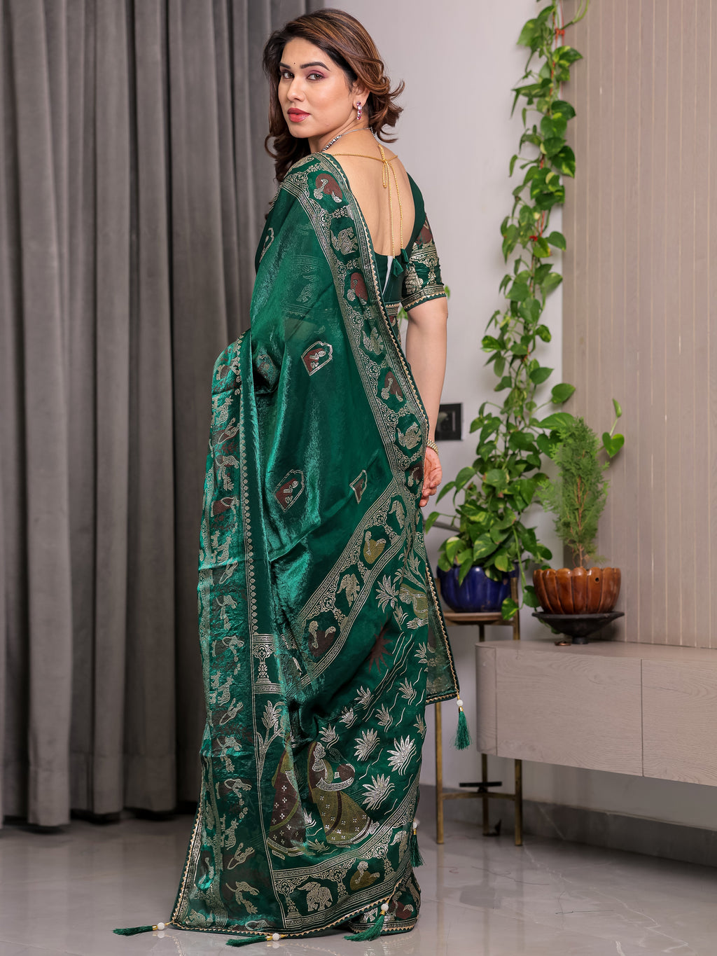 Emerald Green Fendi Satin Peacock & Heritage Motif Block and Foil Printed Saree with Traditional Border, Tassel Edges & Attached Blouse
