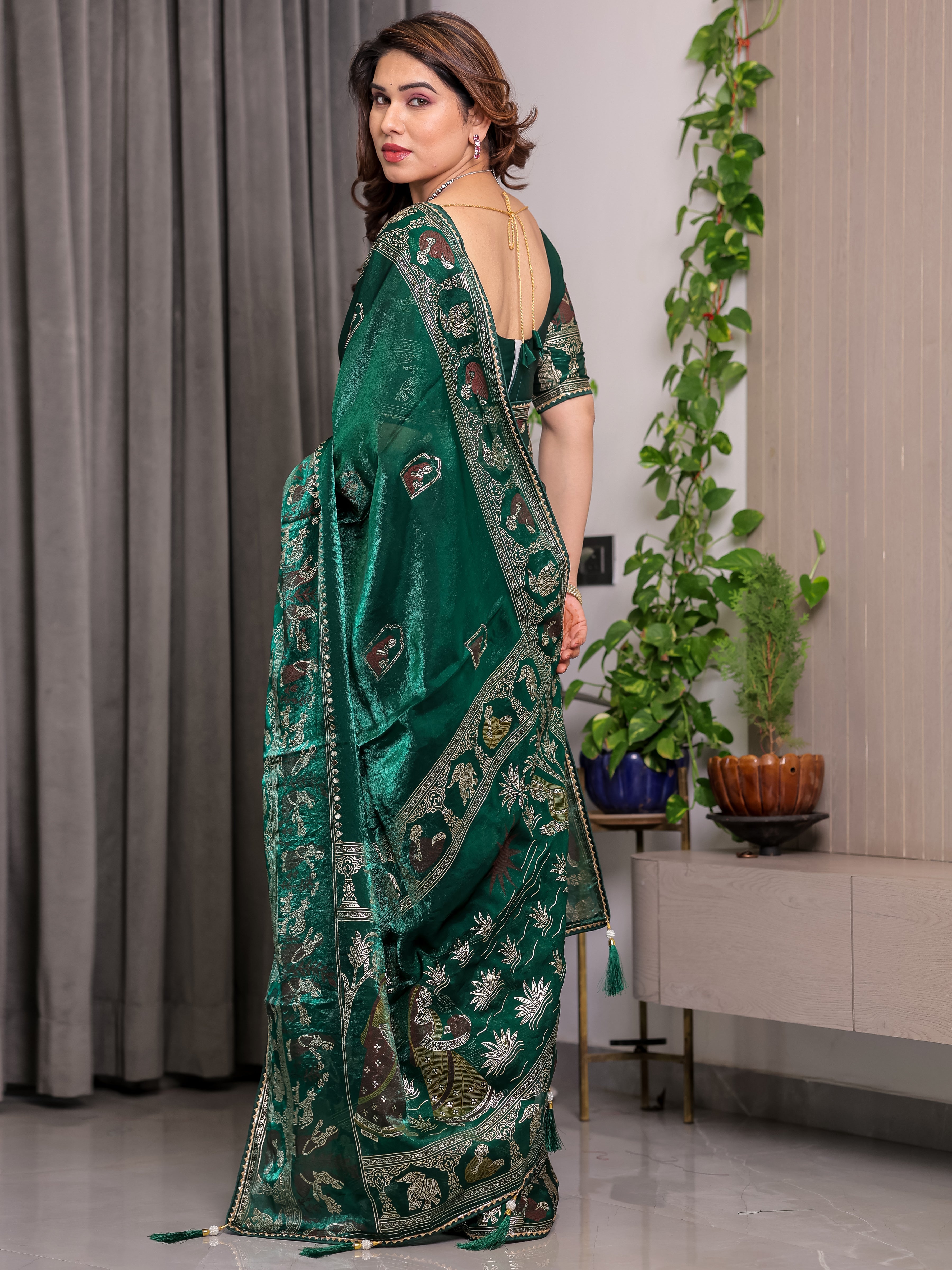 Emerald Green Fendi Satin Peacock & Heritage Motif Block and Foil Printed Saree with Traditional Border, Tassel Edges & Attached Blouse
