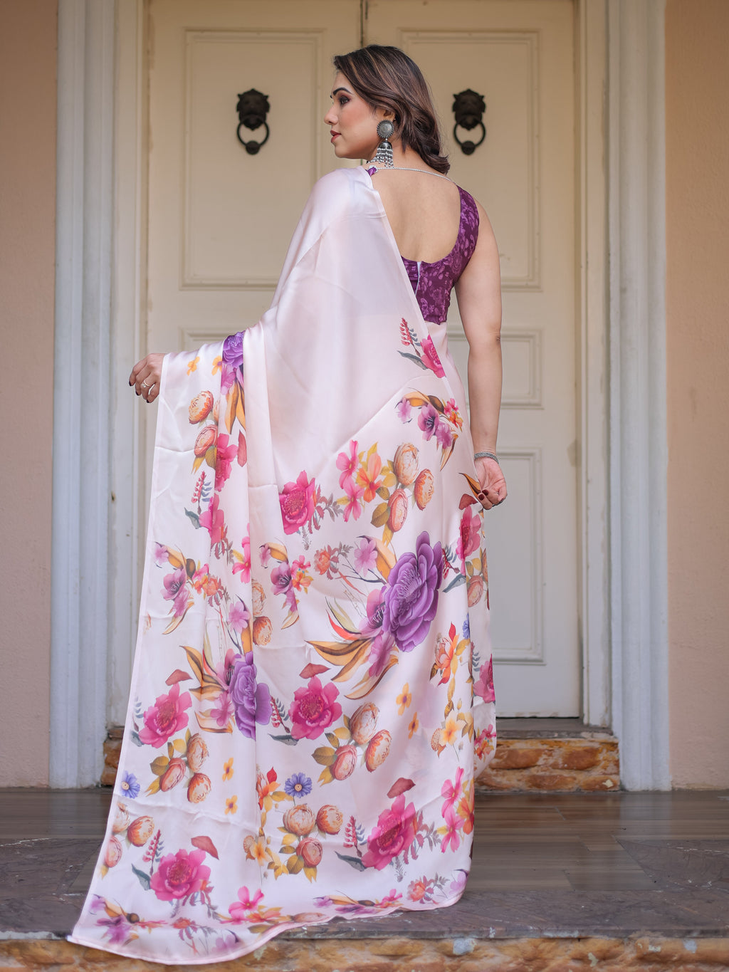Ivory Multi-Floral Printed Satin Georgette Saree with Contrast Purple Blouse – Elegant Festive & Party Wear