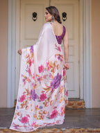 Ivory Multi-Floral Printed Satin Georgette Saree with Contrast Purple Blouse – Elegant Festive & Party Wear