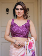 Ivory Multi-Floral Printed Satin Georgette Saree with Contrast Purple Blouse – Elegant Festive & Party Wear