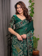 Emerald Green Fendi Satin Peacock & Heritage Motif Block and Foil Printed Saree with Traditional Border, Tassel Edges & Attached Blouse