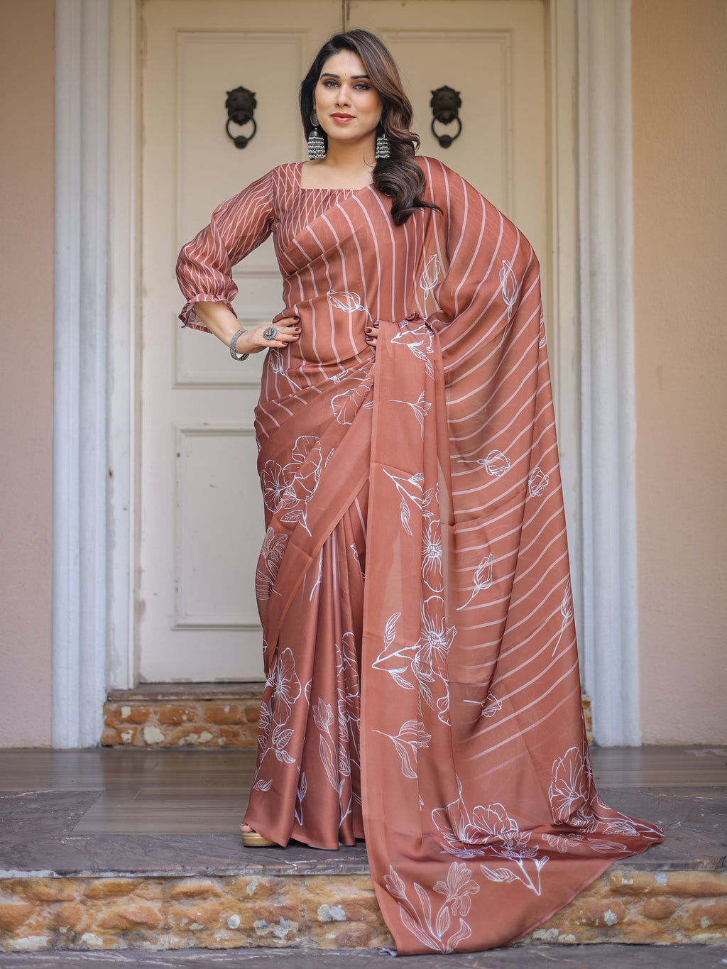 Dusty Lilac & Steel Blue Floral Printed Satin Georgette Saree with Designer Pallu & Blouse – Elegant Party & Occasion Wear