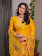 Mustard Yellow Fendi Satin Peacock & Heritage Motif Block and Foil Printed Saree with Rich Pallu, Tassel Edges & Attached Blouse