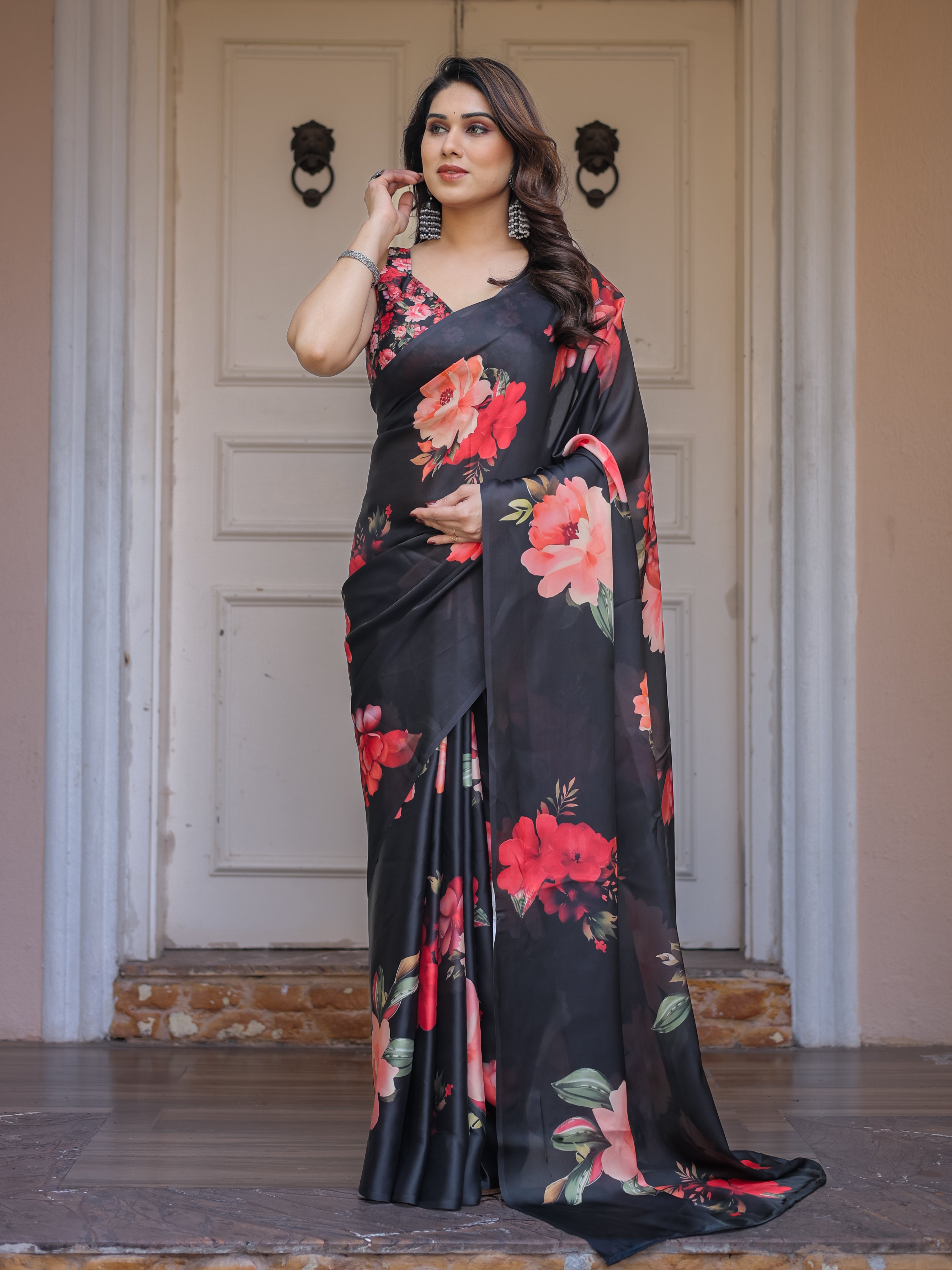 Black Red Floral Printed Satin Georgette Saree with Designer Blouse – Party & Evening Wear
