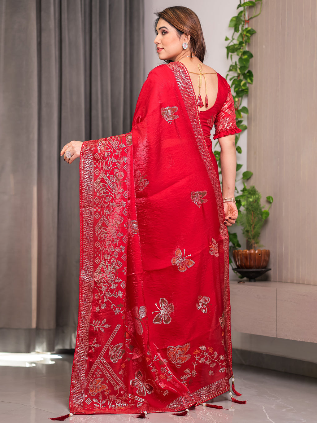Ruby Red Fendi Satin Block & Foil Print Saree with Attached Blouse & Tassel Detailing