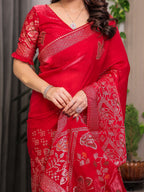 Ruby Red Fendi Satin Block & Foil Print Saree with Attached Blouse & Tassel Detailing