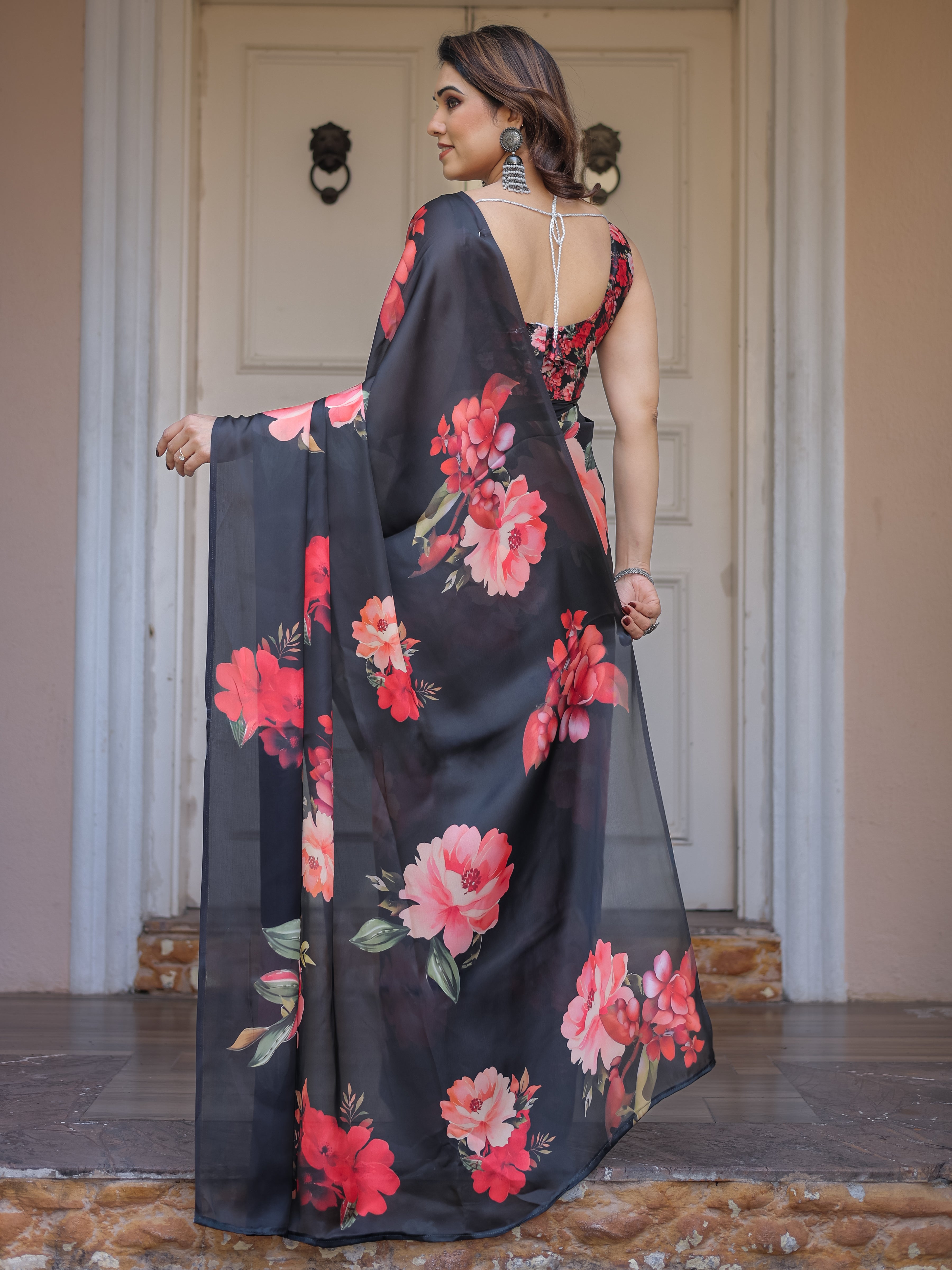 Black Red Floral Printed Satin Georgette Saree with Designer Blouse – Party & Evening Wear
