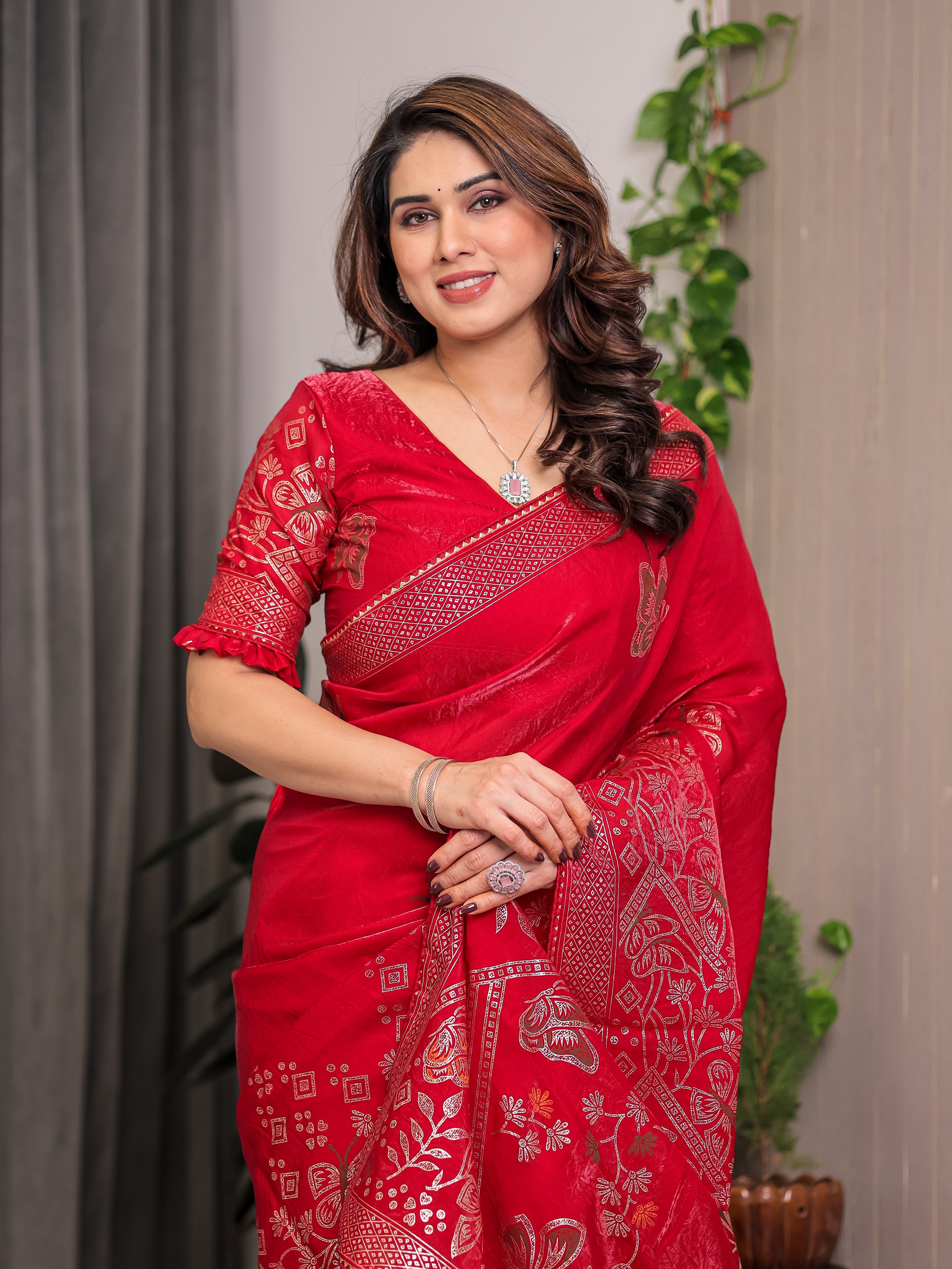 Ruby Red Fendi Satin Block & Foil Print Saree with Attached Blouse & Tassel Detailing