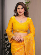 Sunshine Yellow Fendi Satin Block & Foil Print Saree with Attached Blouse & Tassel Detailing