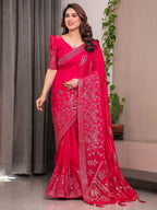 Rani Pink Fendi Satin Block & Foil Print Saree with Attached Blouse & Tassel Detailing