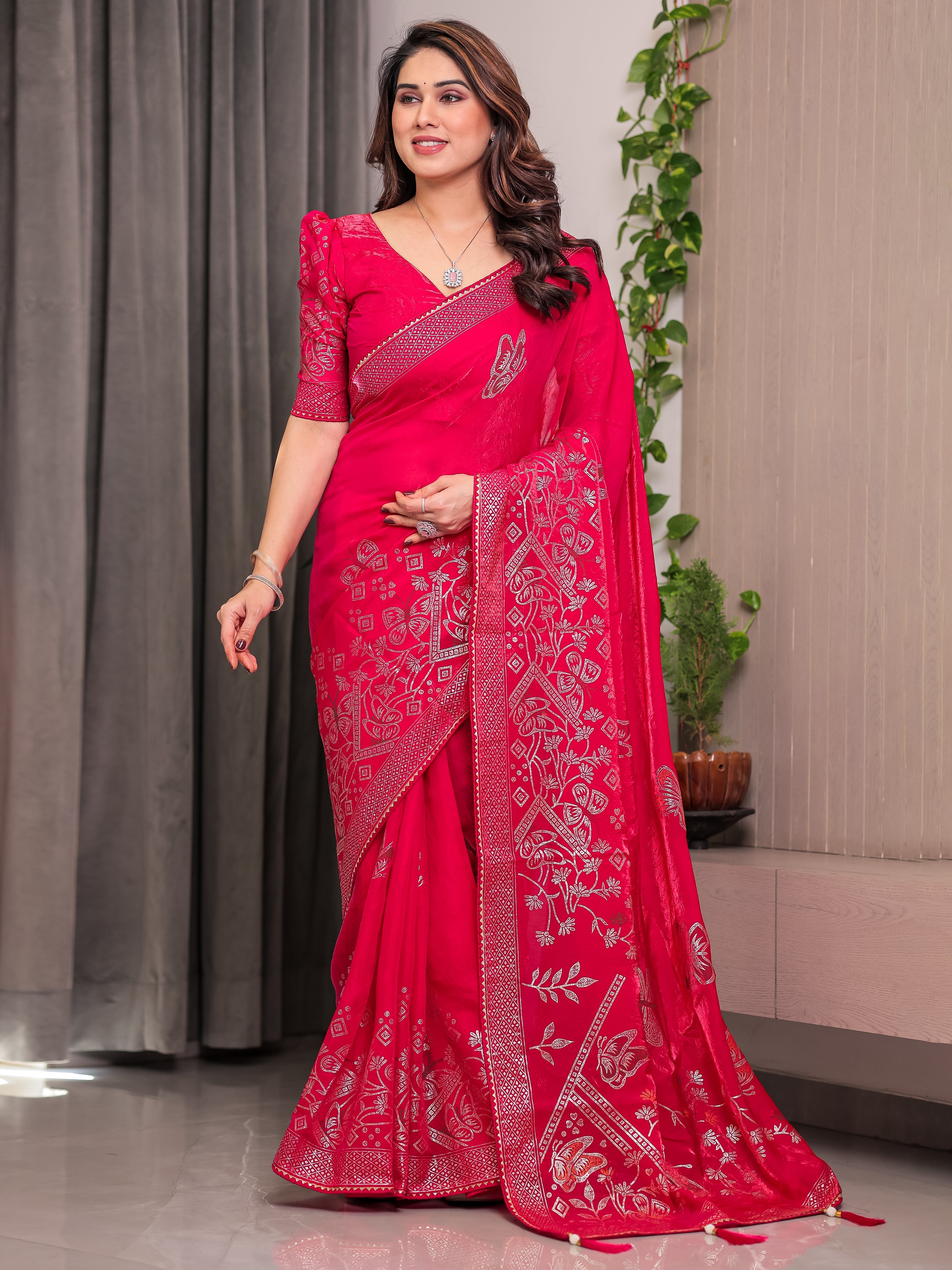 Rani Pink Fendi Satin Block & Foil Print Saree with Attached Blouse & Tassel Detailing
