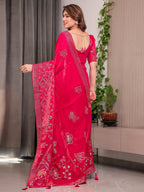 Rani Pink Fendi Satin Block & Foil Print Saree with Attached Blouse & Tassel Detailing