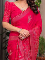 Rani Pink Fendi Satin Block & Foil Print Saree with Attached Blouse & Tassel Detailing