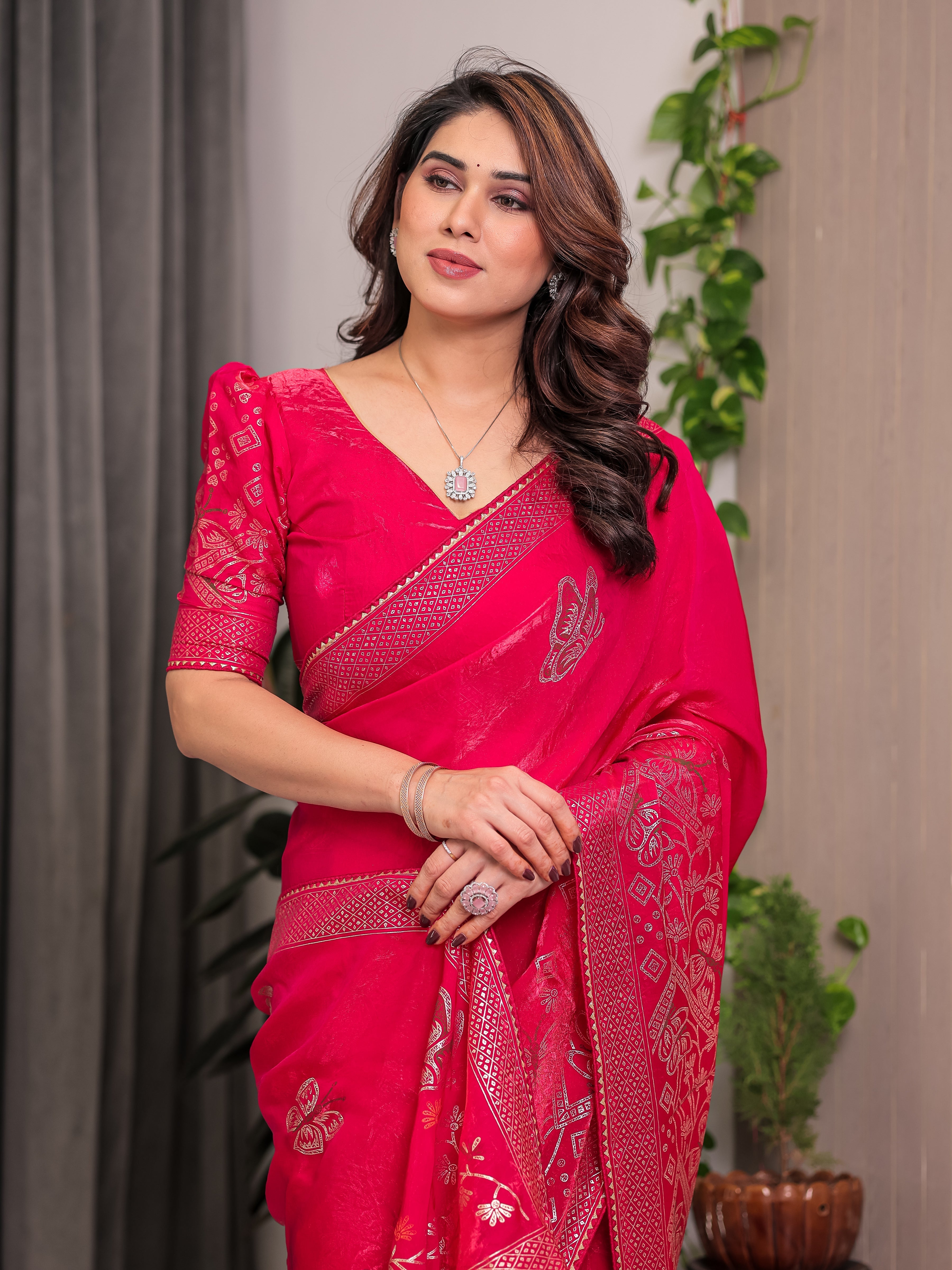 Rani Pink Fendi Satin Block & Foil Print Saree with Attached Blouse & Tassel Detailing