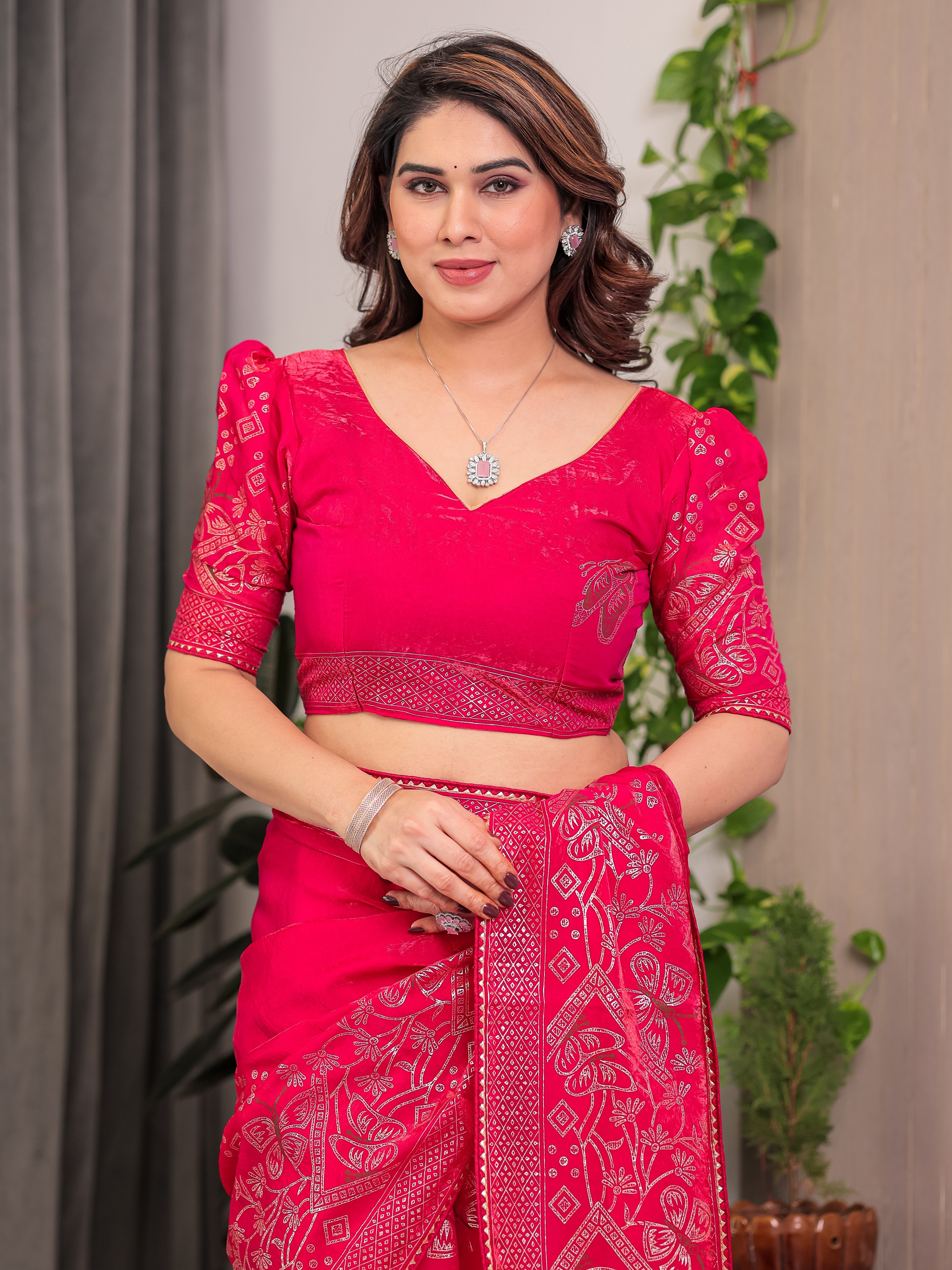 Rani Pink Fendi Satin Block & Foil Print Saree with Attached Blouse & Tassel Detailing