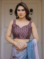 Pastel Grey & Teal Floral Printed Satin Georgette Saree with Designer Pallu & Blouse – Elegant Party & Occasion Wear