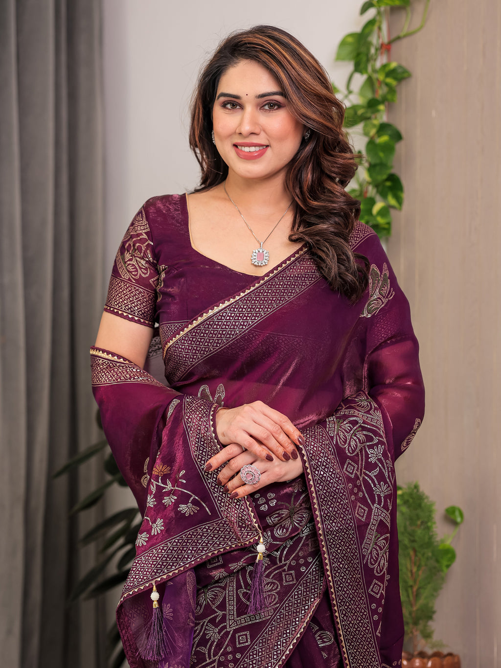 Wine Purple Fendi Satin Block & Foil Print Saree with Attached Blouse & Tassel Detailing