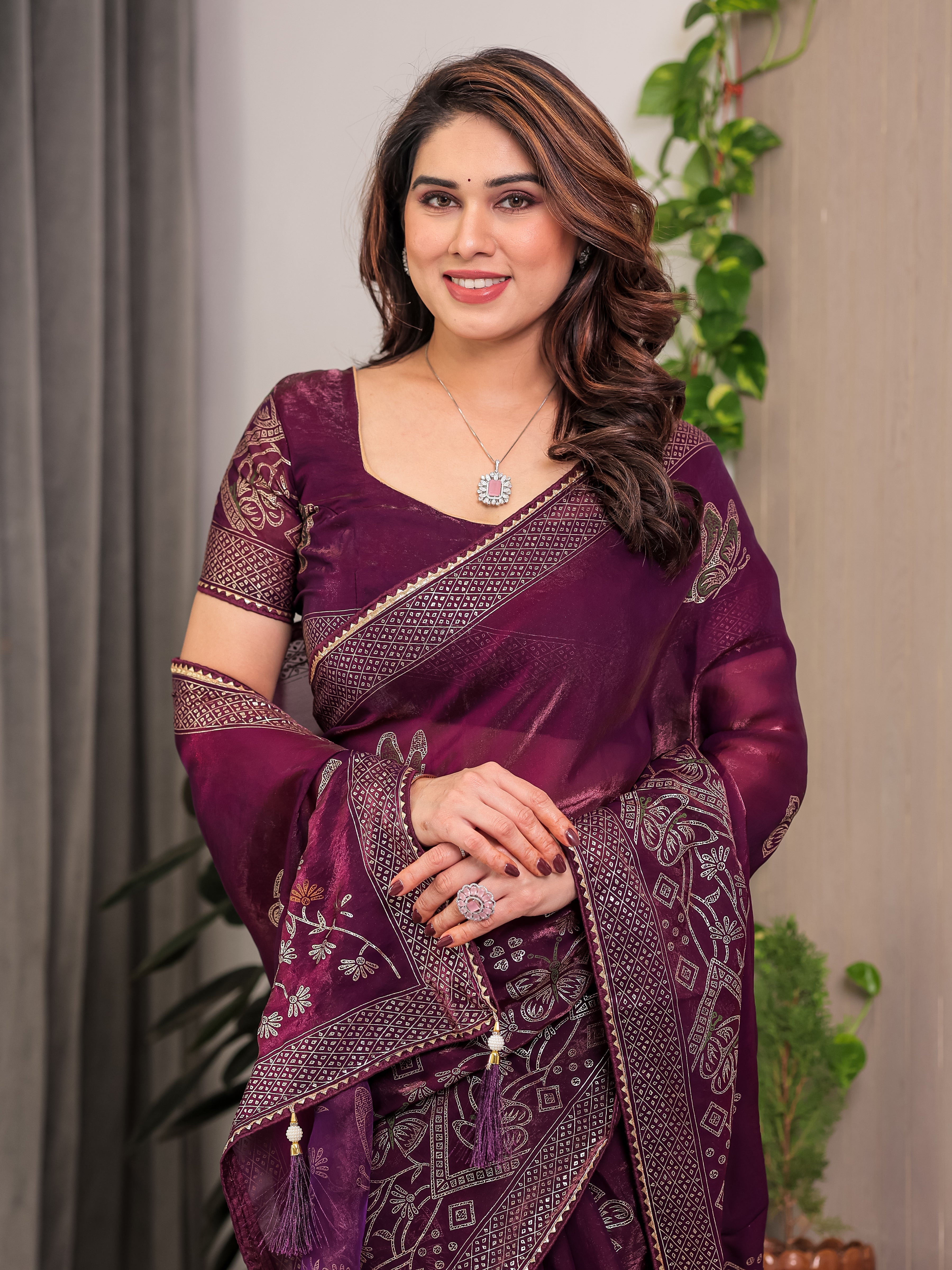 Wine Purple Fendi Satin Block & Foil Print Saree with Attached Blouse & Tassel Detailing