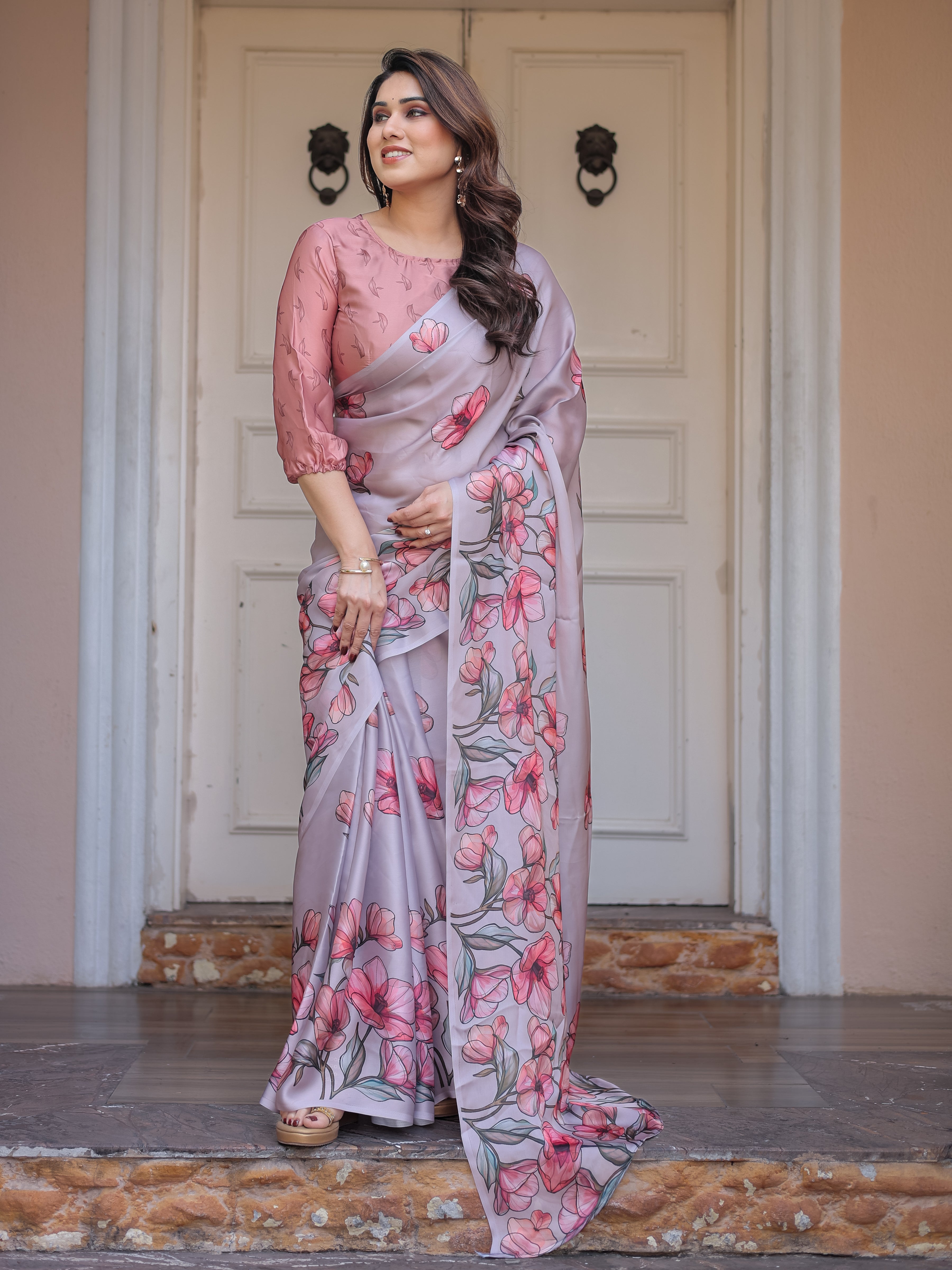 Dusty Lavender Satin Georgette Floral Printed Saree with Rose Pink Blouse & Artistic Floral Pallu | Soft Elegant Party Wear Saree