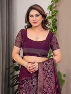 Wine Purple Fendi Satin Block & Foil Print Saree with Attached Blouse & Tassel Detailing