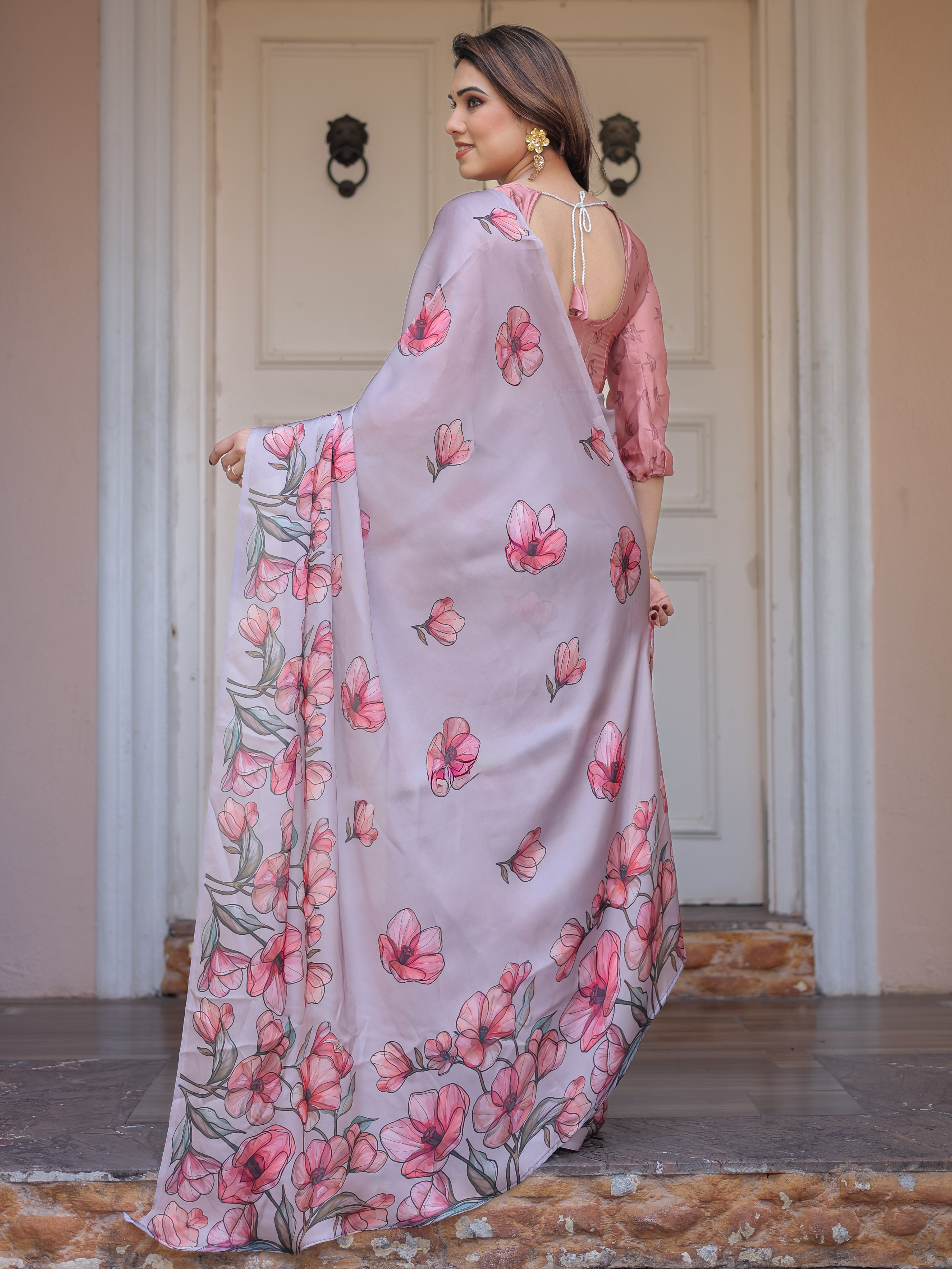 Dusty Lavender Satin Georgette Floral Printed Saree with Rose Pink Blouse & Artistic Floral Pallu | Soft Elegant Party Wear Saree