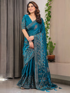 Teal Blue Fendi Satin Block & Foil Print Saree with Attached Blouse & Tassel Detailing