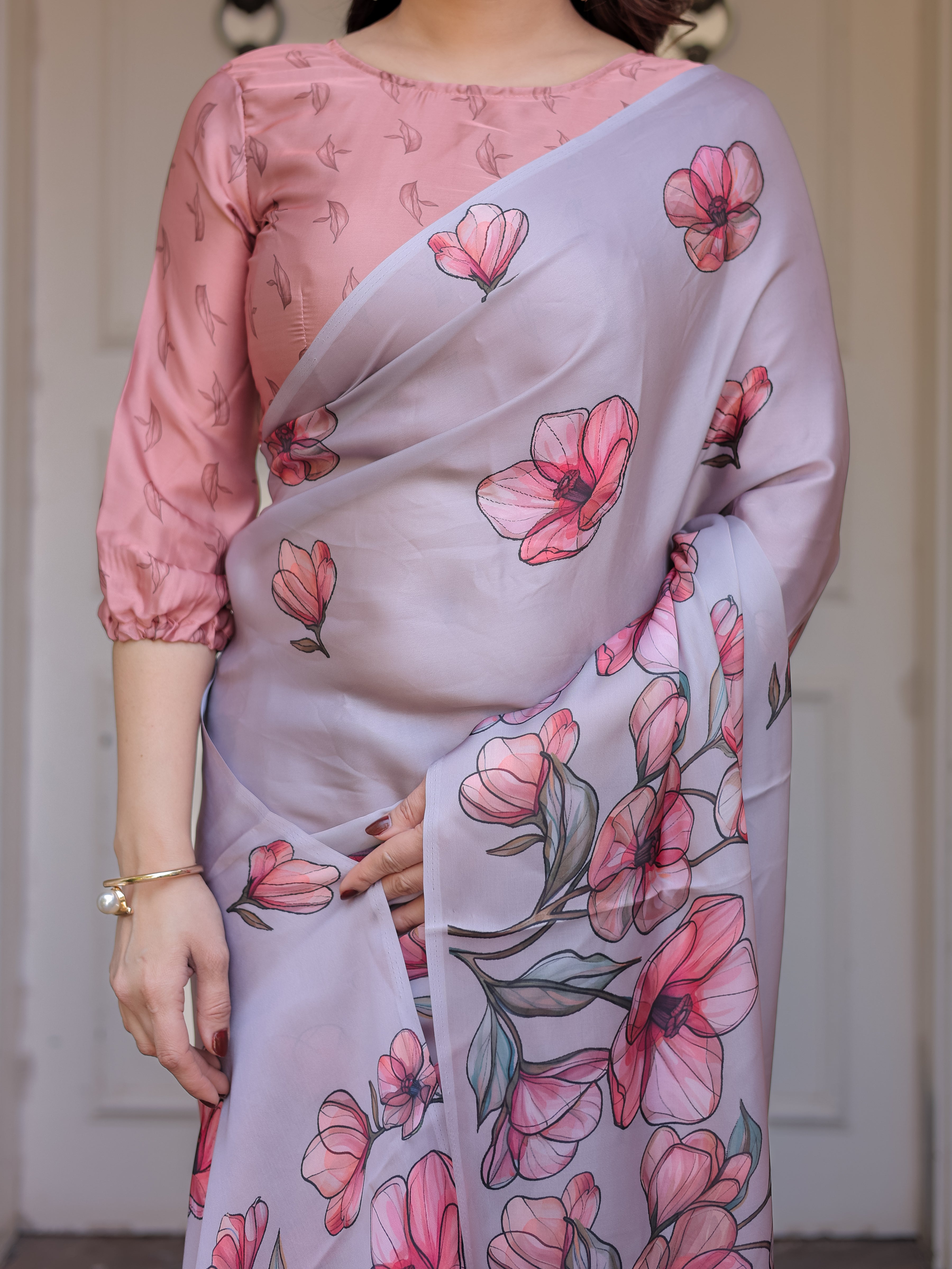 Dusty Lavender Satin Georgette Floral Printed Saree with Rose Pink Blouse & Artistic Floral Pallu | Soft Elegant Party Wear Saree