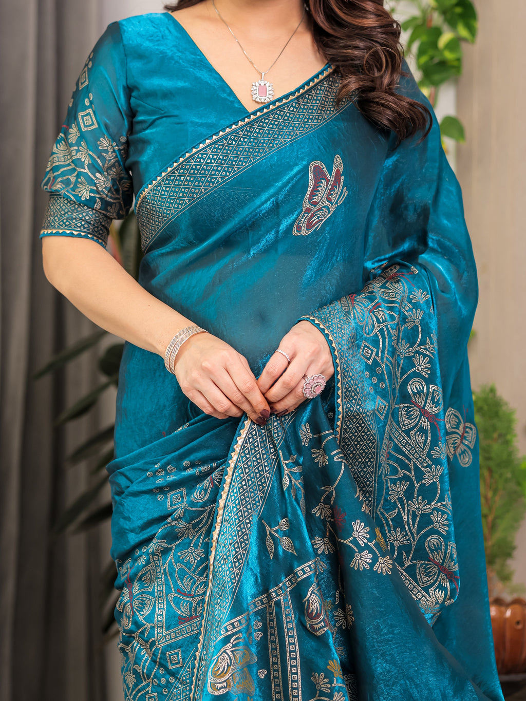 Teal Blue Fendi Satin Block & Foil Print Saree with Attached Blouse & Tassel Detailing