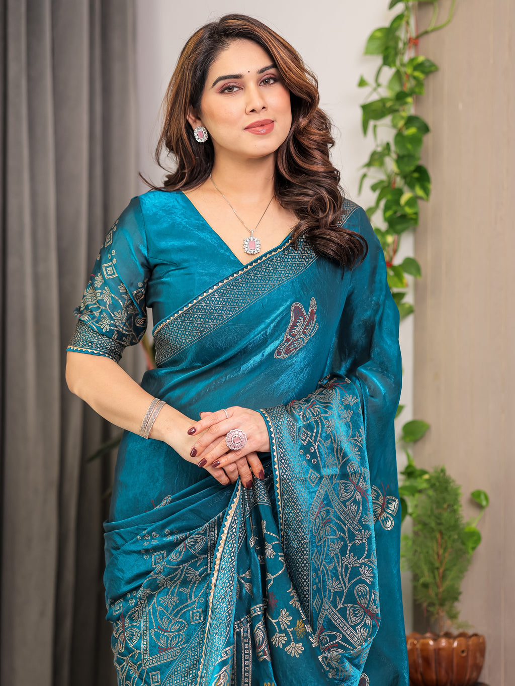 Teal Blue Fendi Satin Block & Foil Print Saree with Attached Blouse & Tassel Detailing