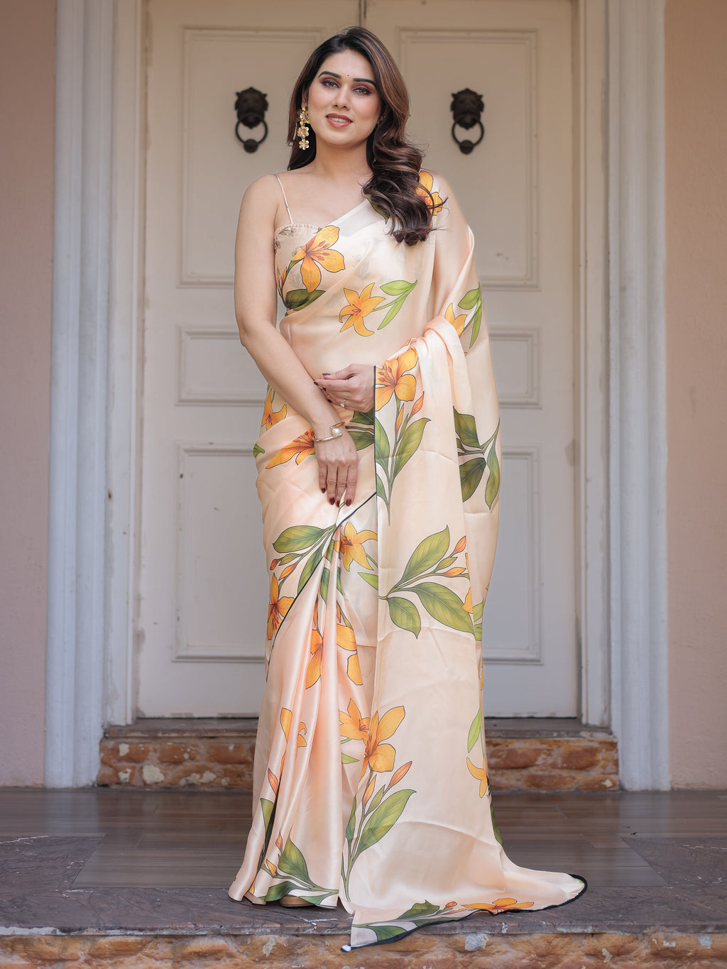 Champagne Peach Satin Georgette Floral Printed Saree with Matching Printed Blouse & Statement Botanical Pallu | Elegant Soft Party Wear Saree