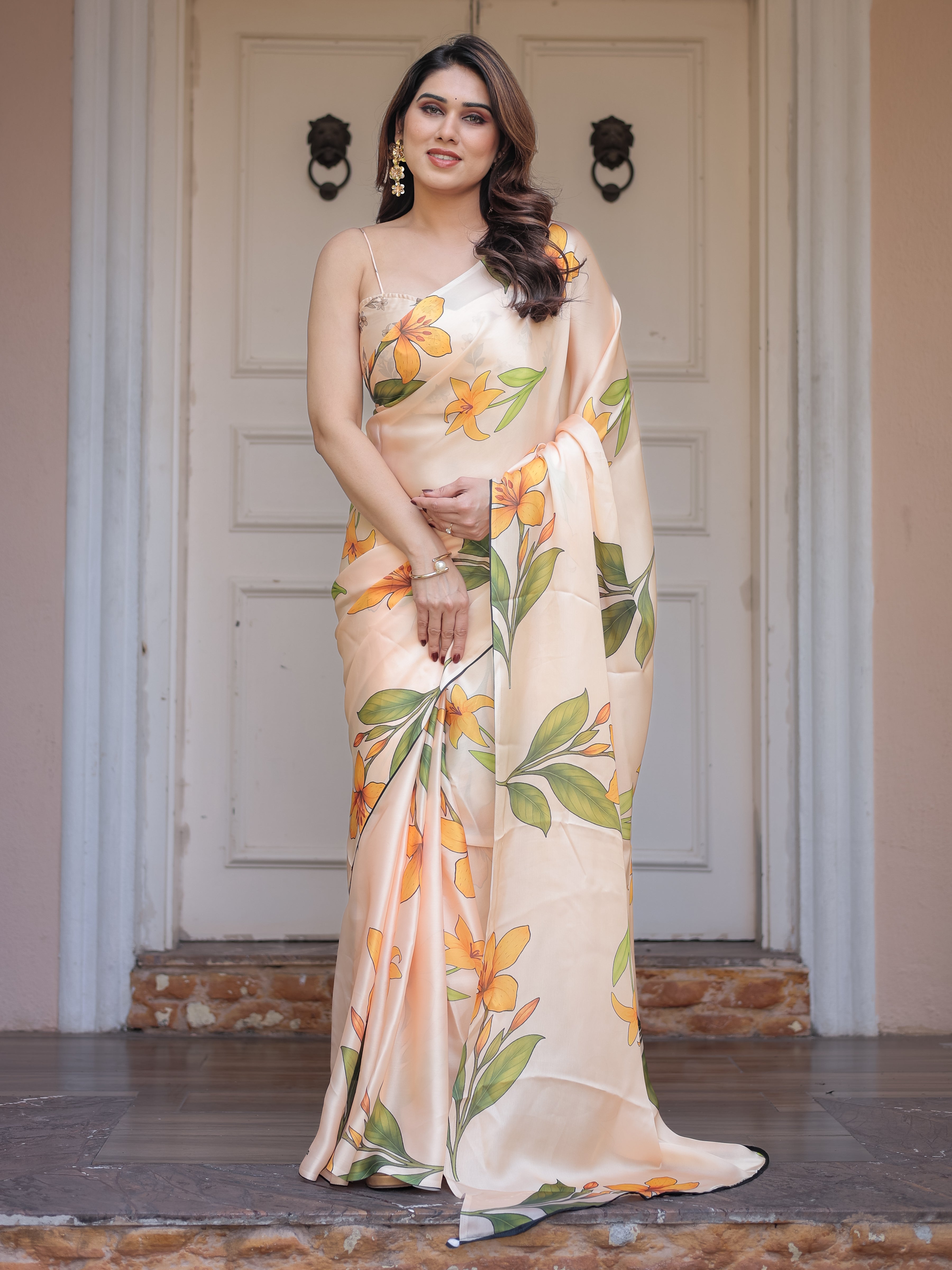 Champagne Peach Satin Georgette Floral Printed Saree with Matching Printed Blouse & Statement Botanical Pallu | Elegant Soft Party Wear Saree