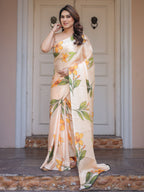 Champagne Peach Satin Georgette Floral Printed Saree with Matching Printed Blouse & Statement Botanical Pallu | Elegant Soft Party Wear Saree