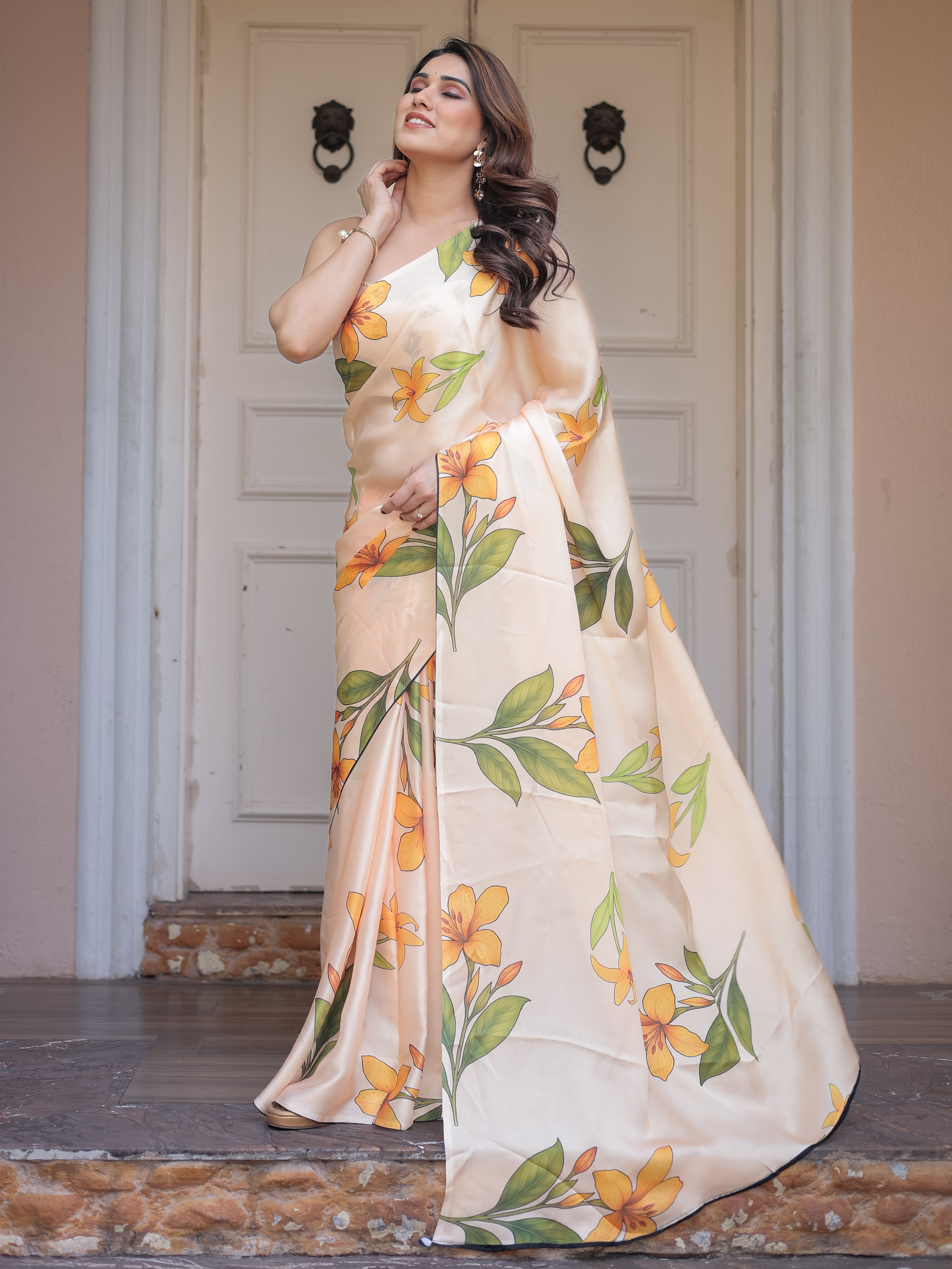 Champagne Peach Satin Georgette Floral Printed Saree with Matching Printed Blouse & Statement Botanical Pallu | Elegant Soft Party Wear Saree