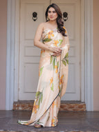 Champagne Peach Satin Georgette Floral Printed Saree with Matching Printed Blouse & Statement Botanical Pallu | Elegant Soft Party Wear Saree
