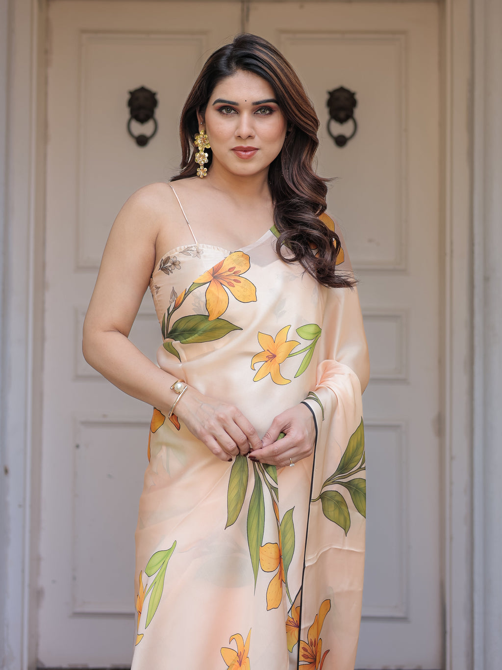 Champagne Peach Satin Georgette Floral Printed Saree with Matching Printed Blouse & Statement Botanical Pallu | Elegant Soft Party Wear Saree